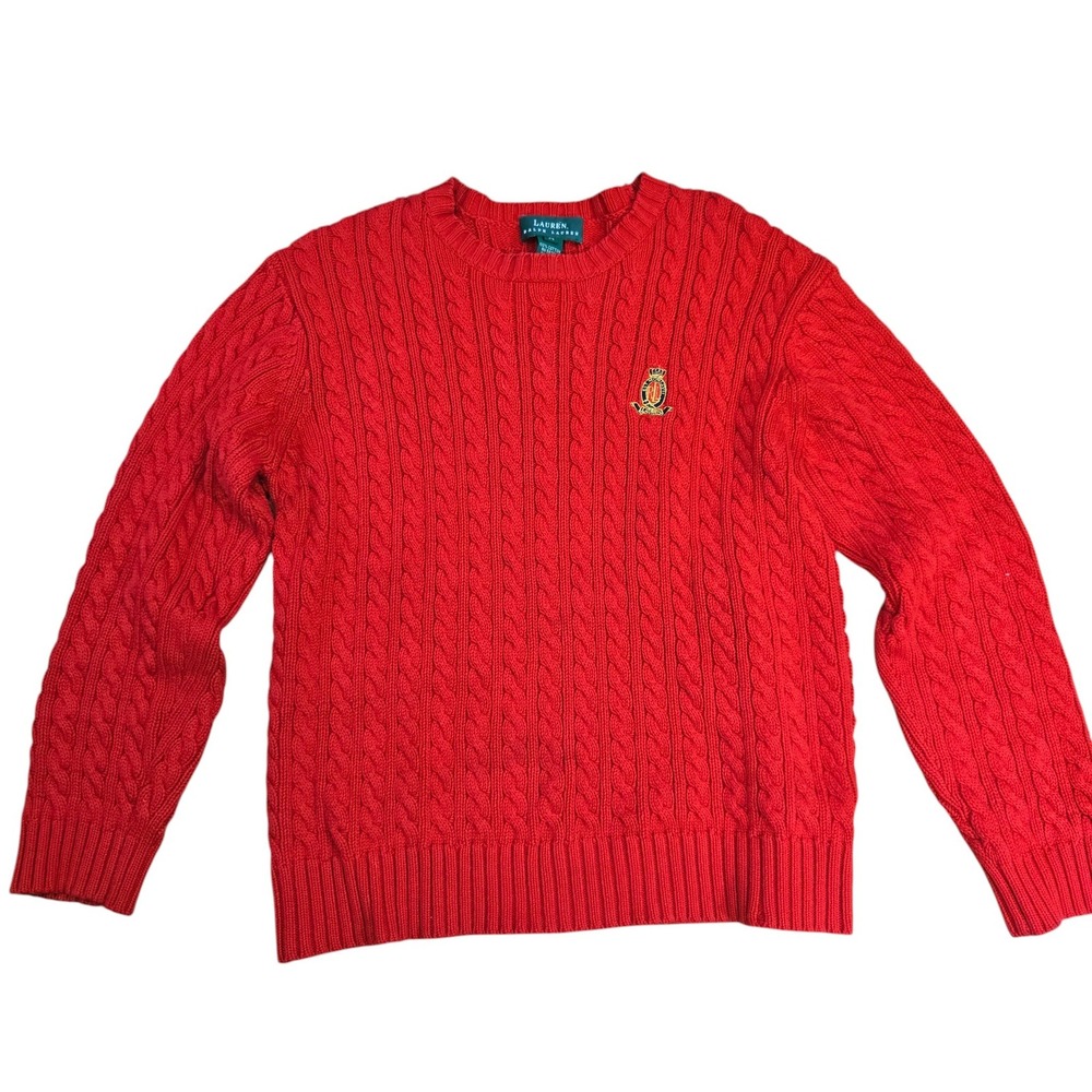 Lauren Ralph Lauren Sweater Womens M Red Cable Knit Crest Crew Neck Cotton